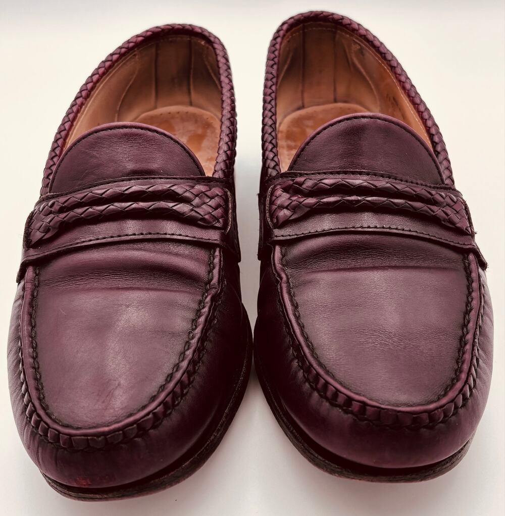 Allen Edmonds Burgundy Leather Penny Loafers Mens 11.5 D Braided Woven Trim USA